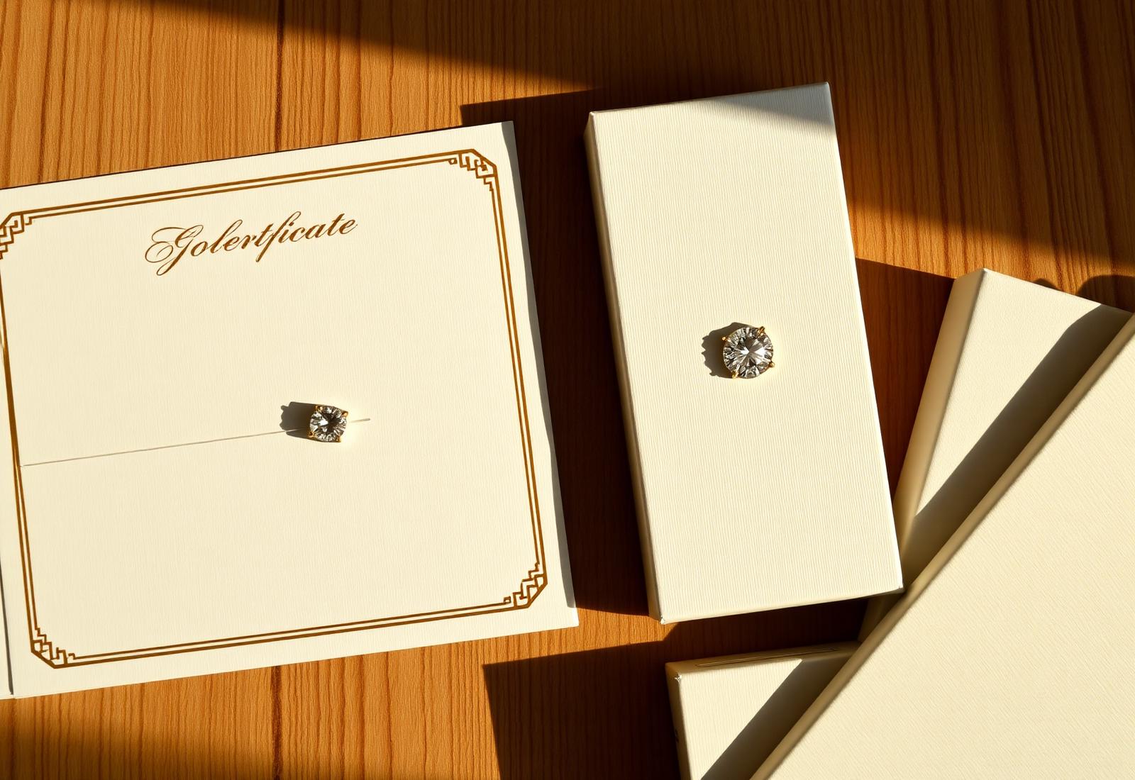 A Brillianes certificate card, diamond and ivory packaging on a wooden desk