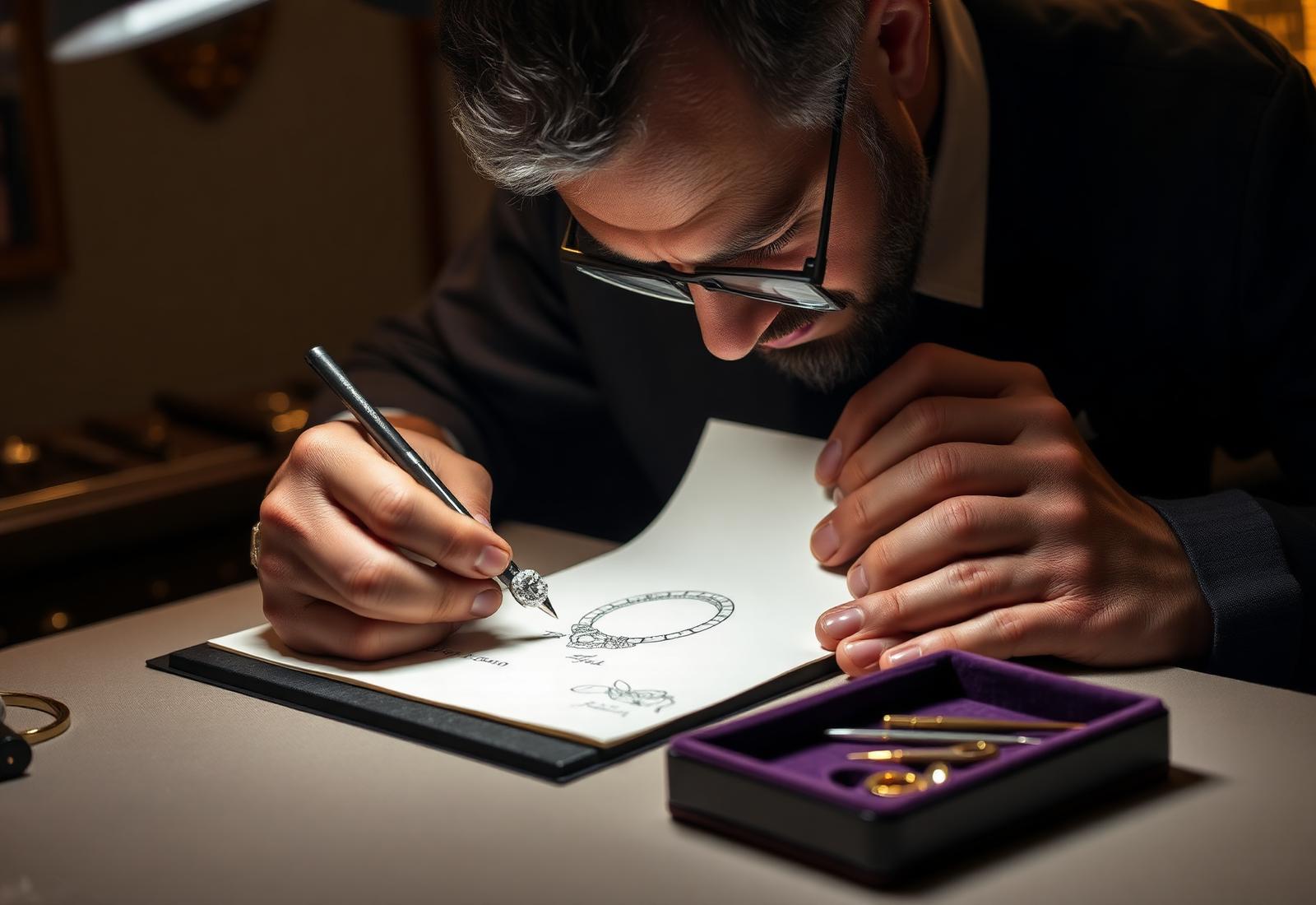 A master jeweler sketching a custom ring design in the Brillianes atelier
