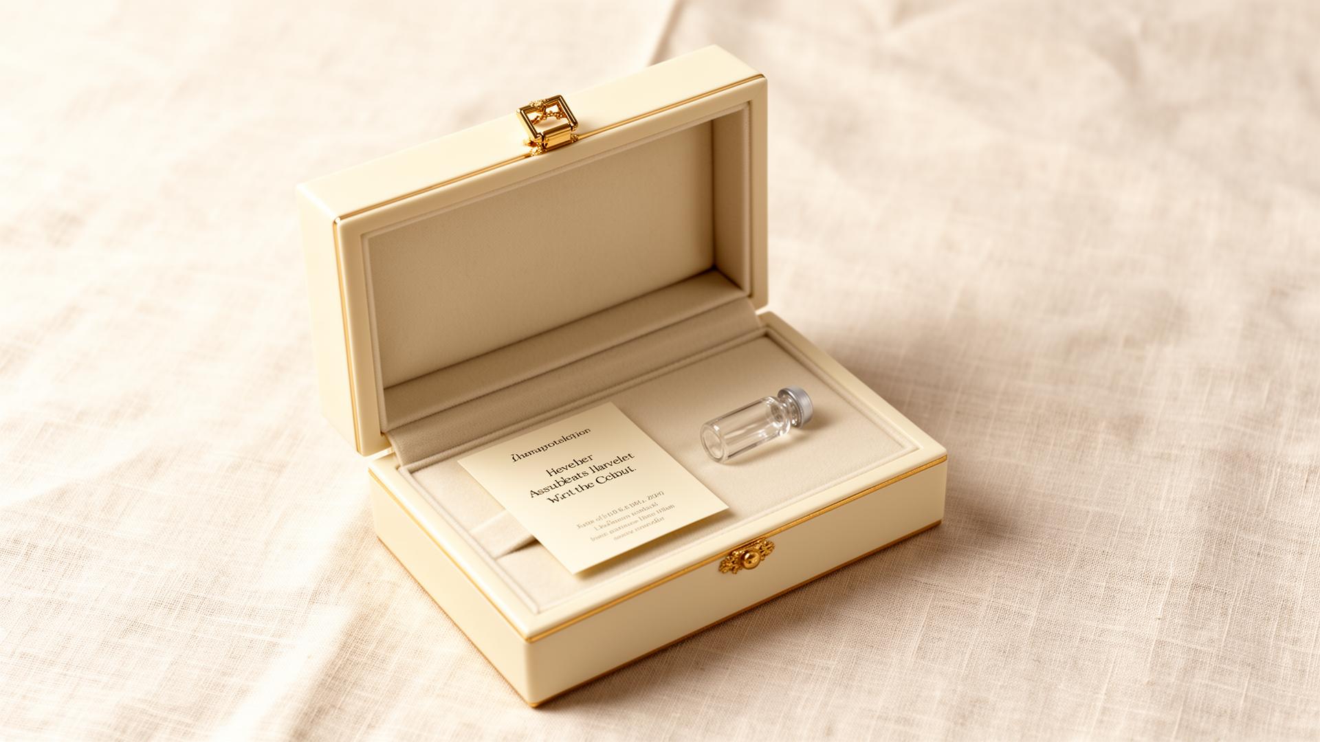 The Brillianes Memory Kit — ivory box with gold accents, glass vial and instruction card